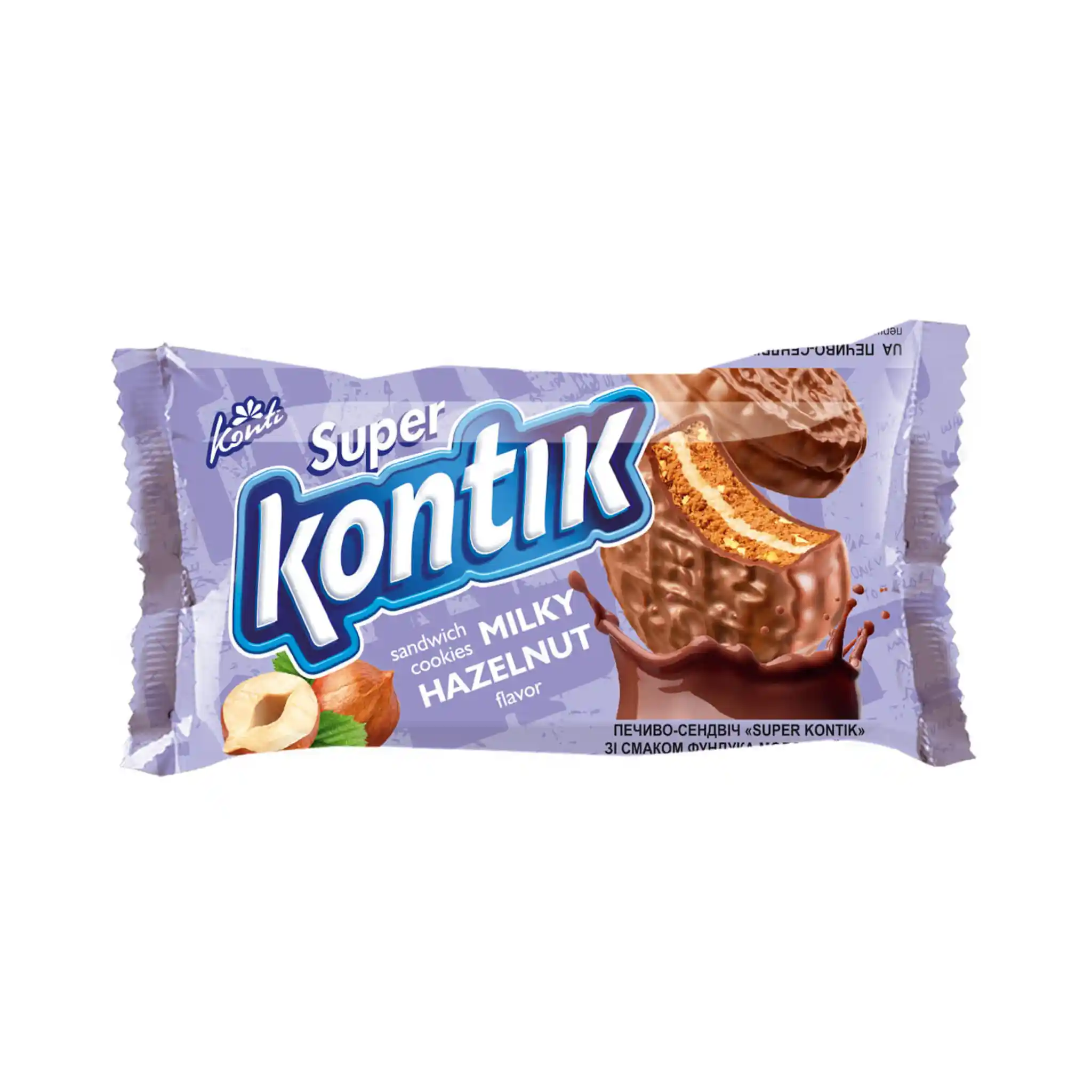 Konti "Super Kontik" sušenky-sendvič s příchutí lískových oříšků, mléčný, 90g/36ks