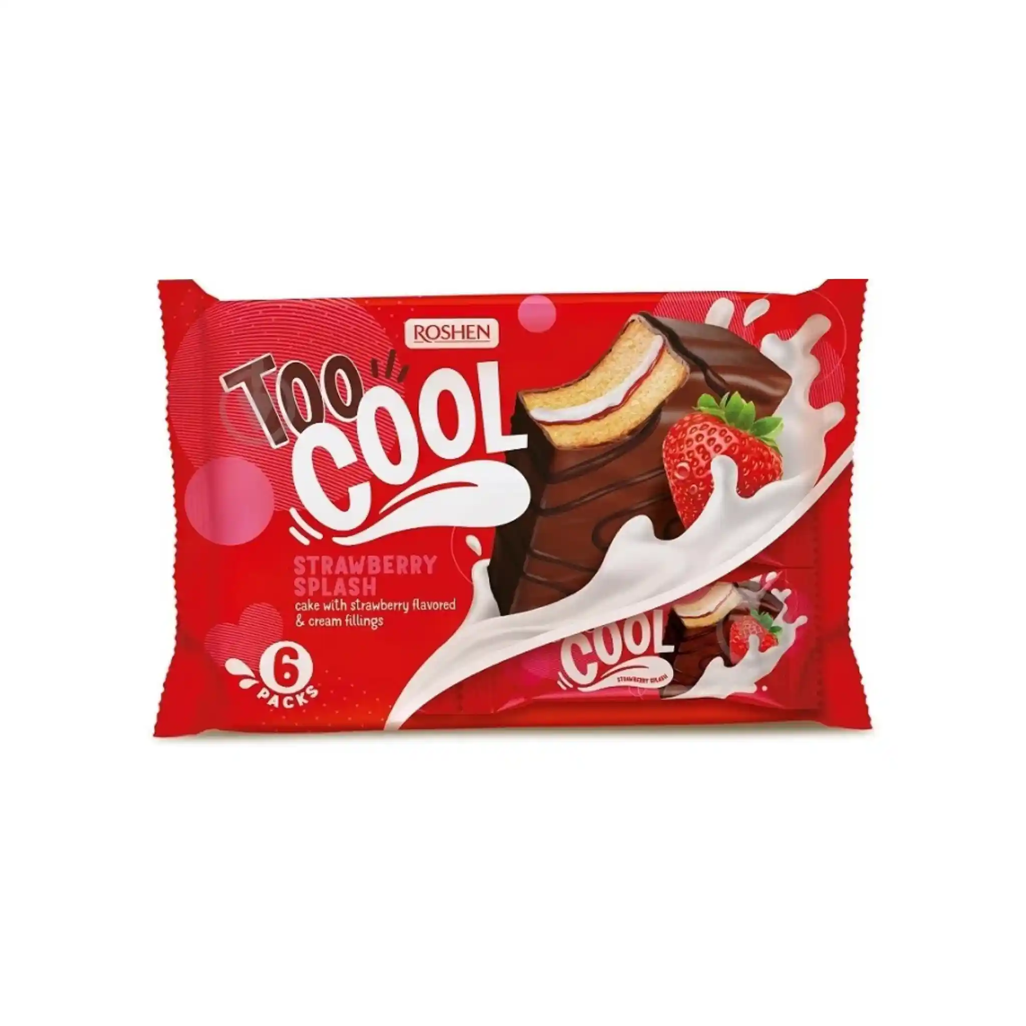 Roshen Piškotový dortík "Too Cool Strawberry Splash" s jahodovým mléčným krémem, 270g/12ks