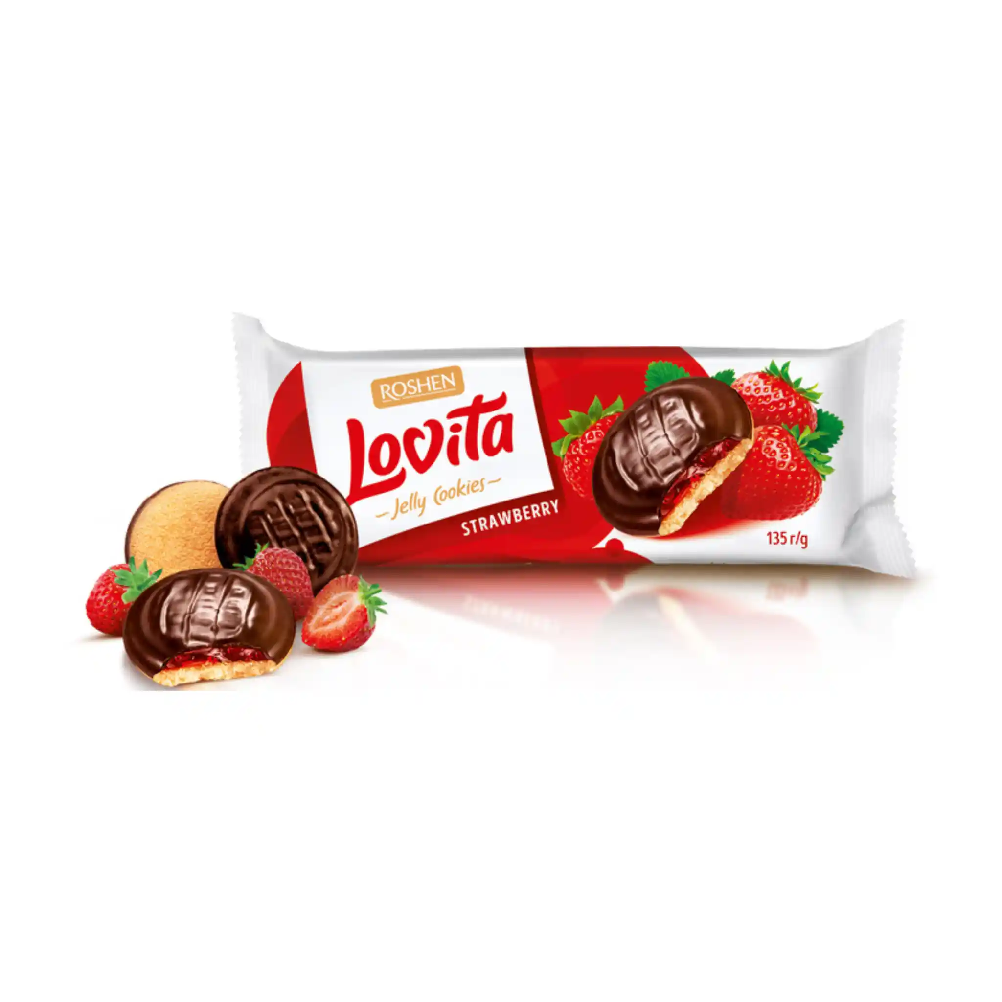 Roshen Sušenky "Lovita Jelly cookies" s jahodovou náplní, 135g/21ks