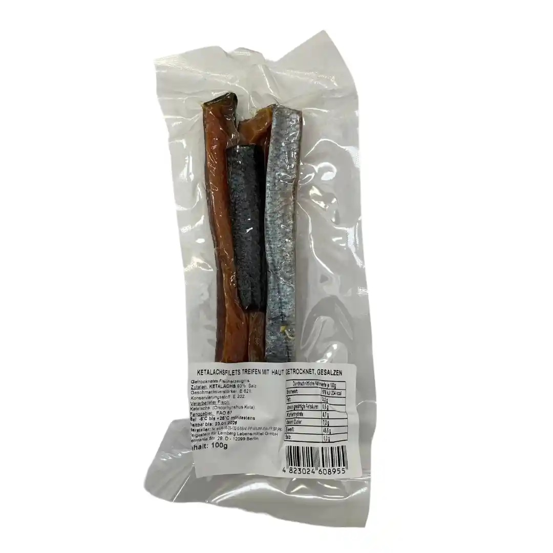 Lemberg Proužky filé z lososa (Keta), solené, sušené, s kůží, 100 g/20 kus