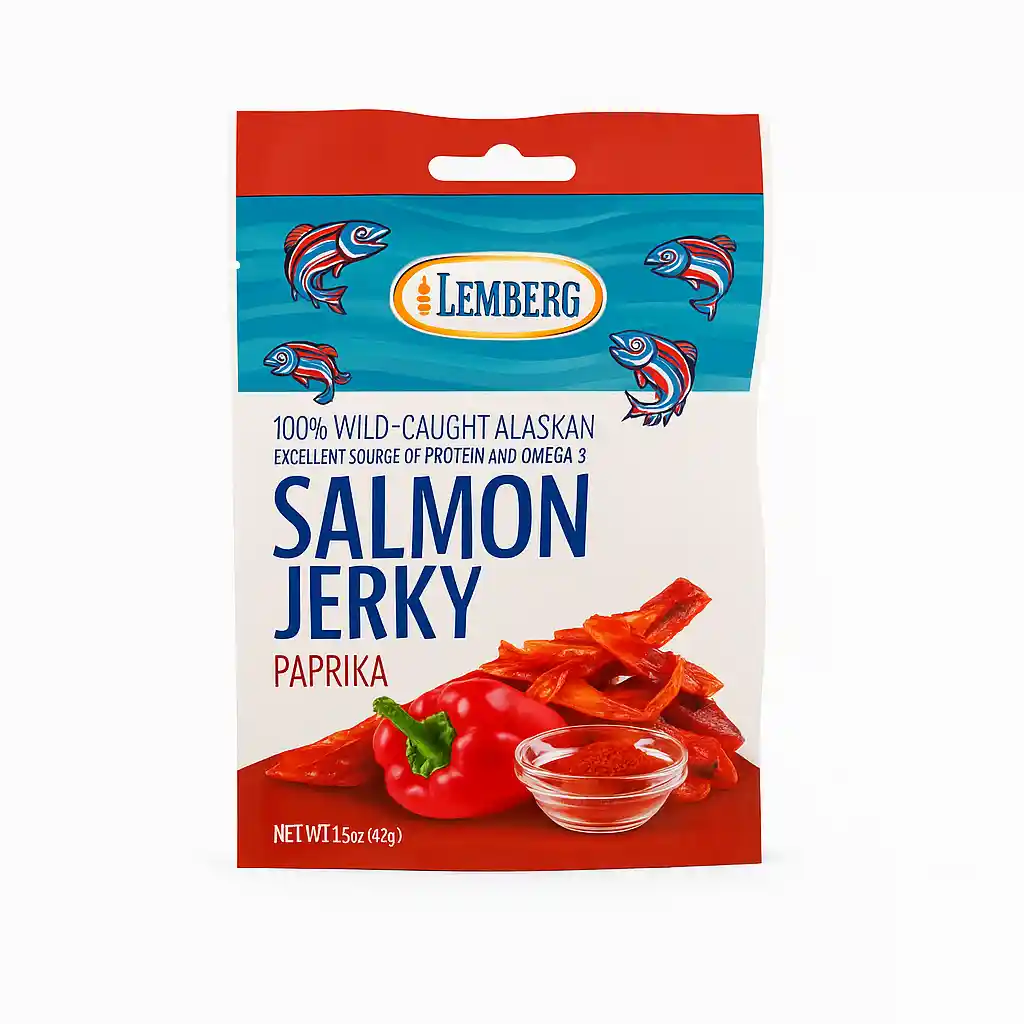 Lemberg Proužky z filetů (keta)lososa, solené, sušené, s paprikou, 42 g/20ks