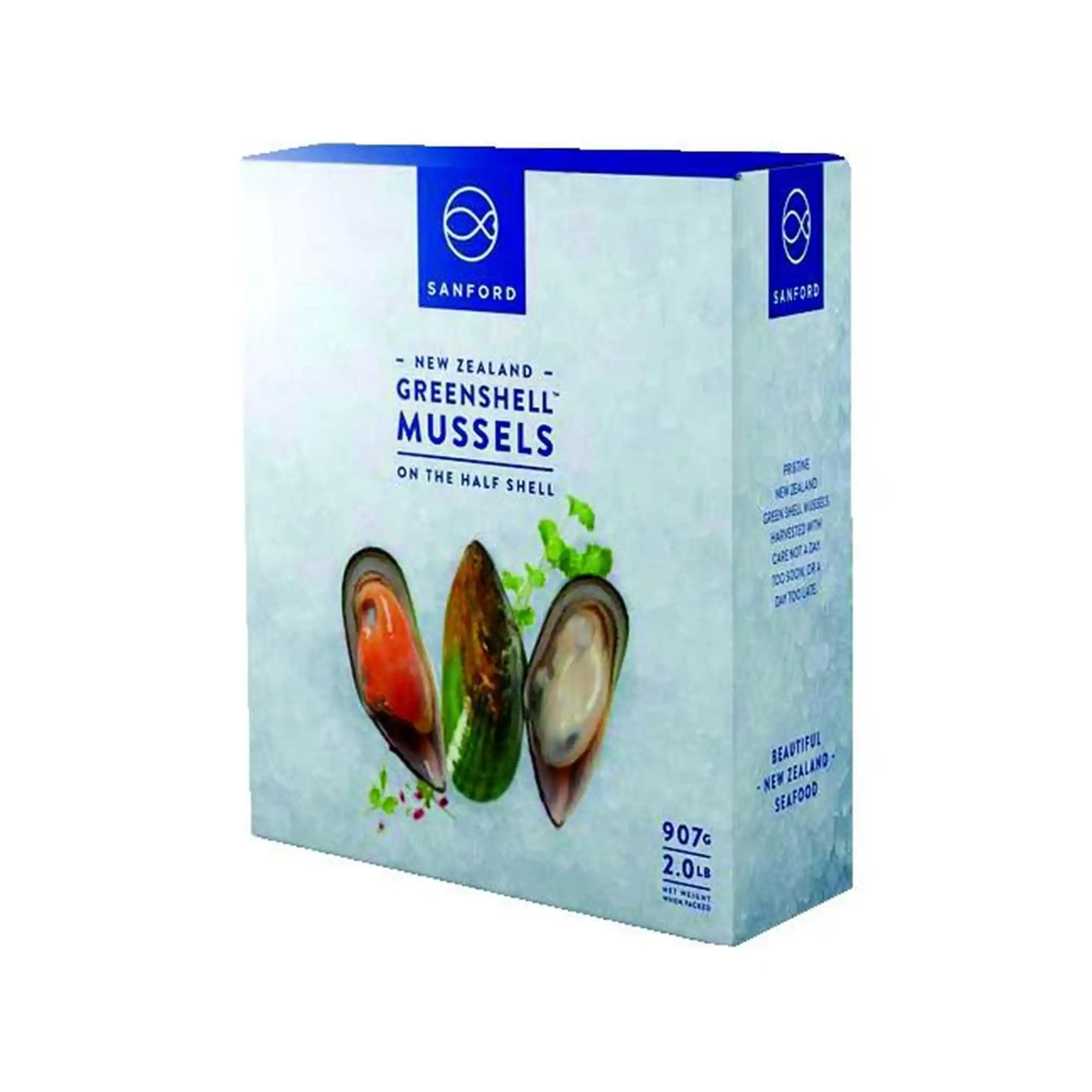 Mooijer (2854) Slávky novozélandské v polovině skořápky, blanšírované, střední (30/45), 800g/12ks