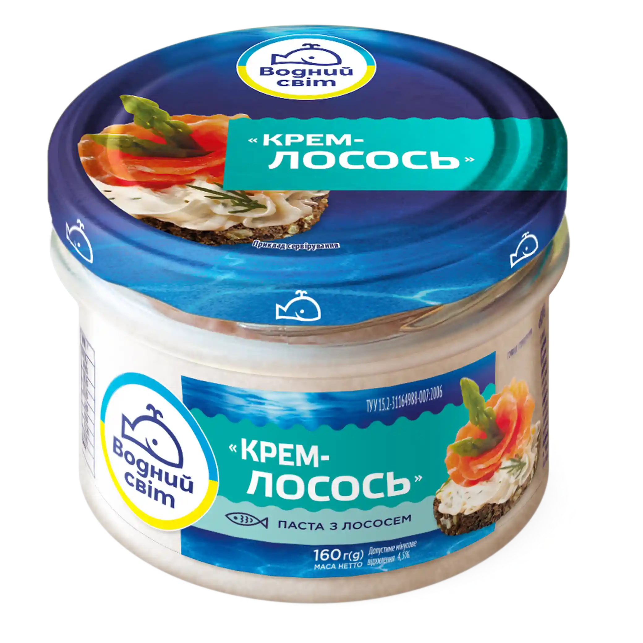 "Vodnyj svit"(0606) „Krém-losos“. Pomazánka s lososem a olivovým olejem s lanýžem, pasterizovaná, 160 g/6ks