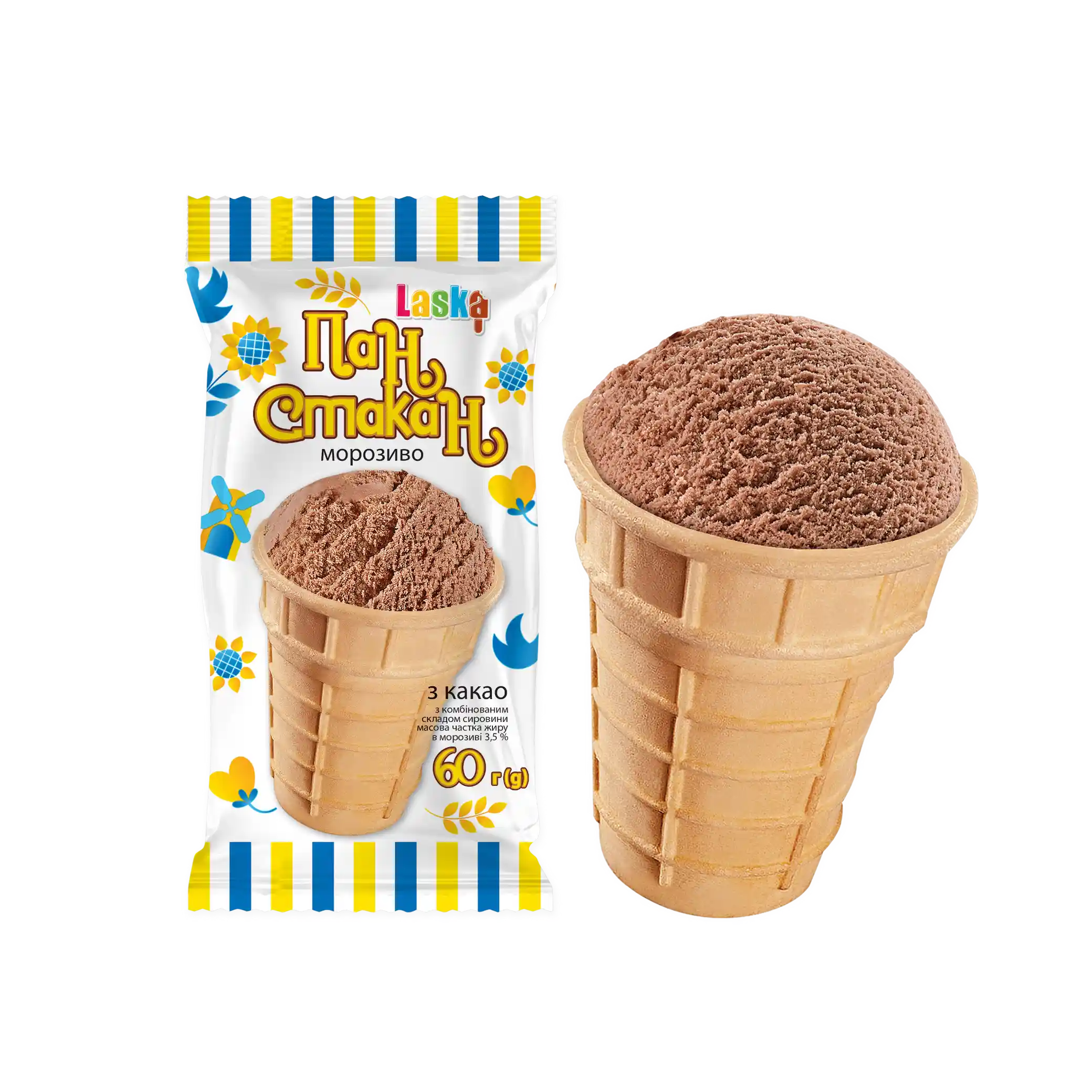 Laska Zmrzlina Pan Stakan kakaová v oplatkovém kelímku 60 g/50ks