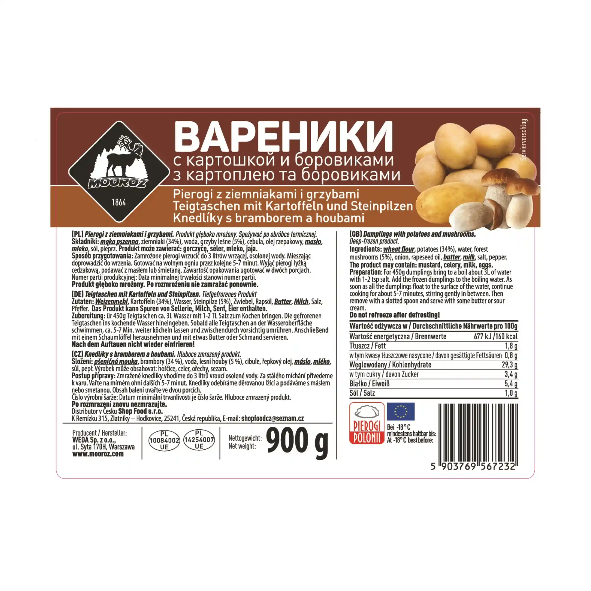 W Mooroz Vareniky s bramborami a smrkovými hřiby, 900g/6ks