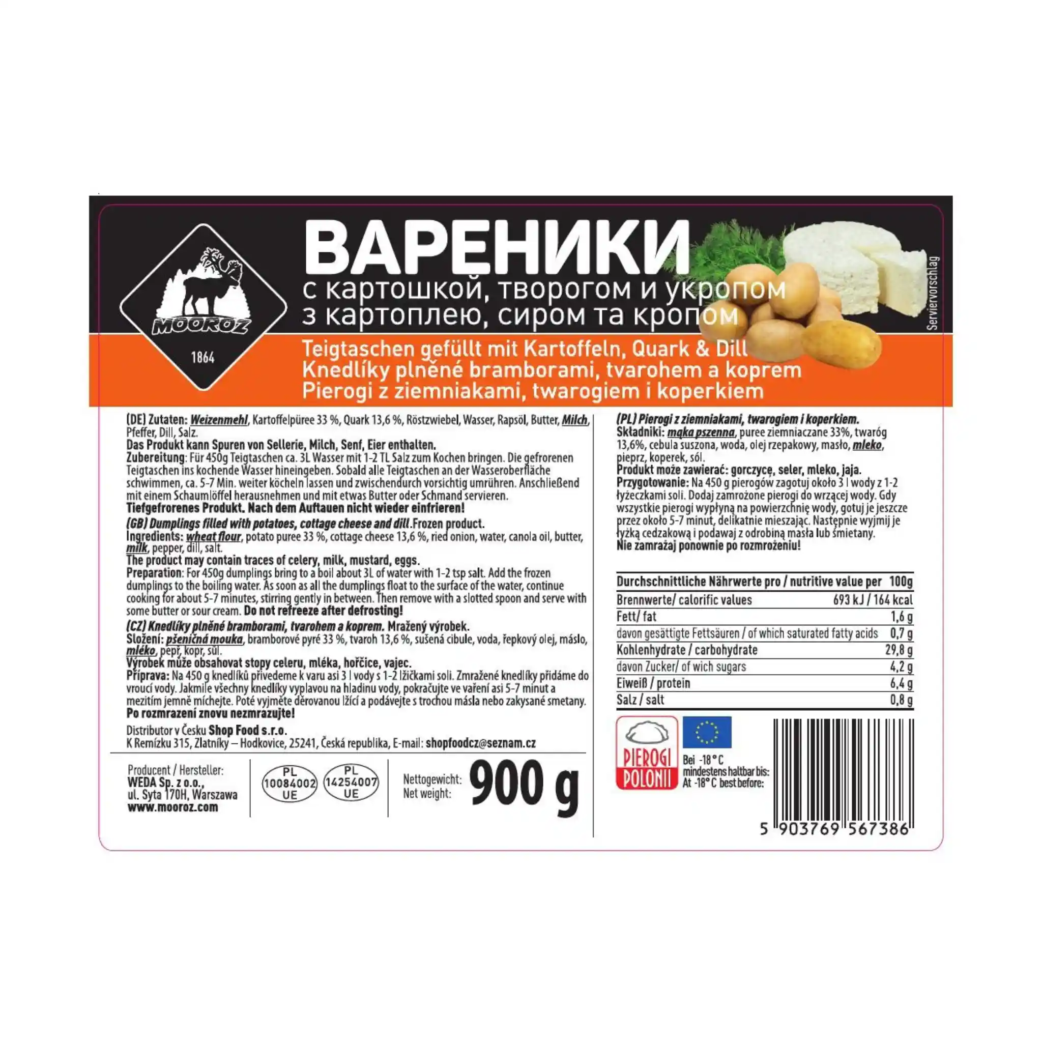 W Mooroz Vareniky s tvarohem, bramborami a kopřem, 900g/6ks