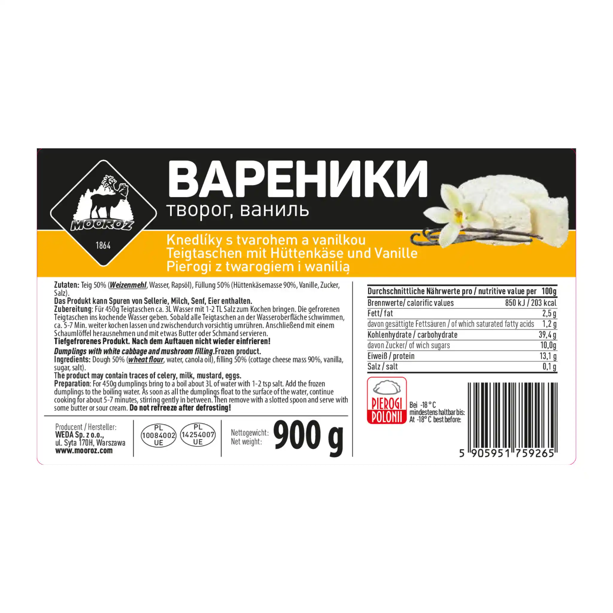 W Mooroz Vareniky s tvarohem a vanilkou, 900g/6ks