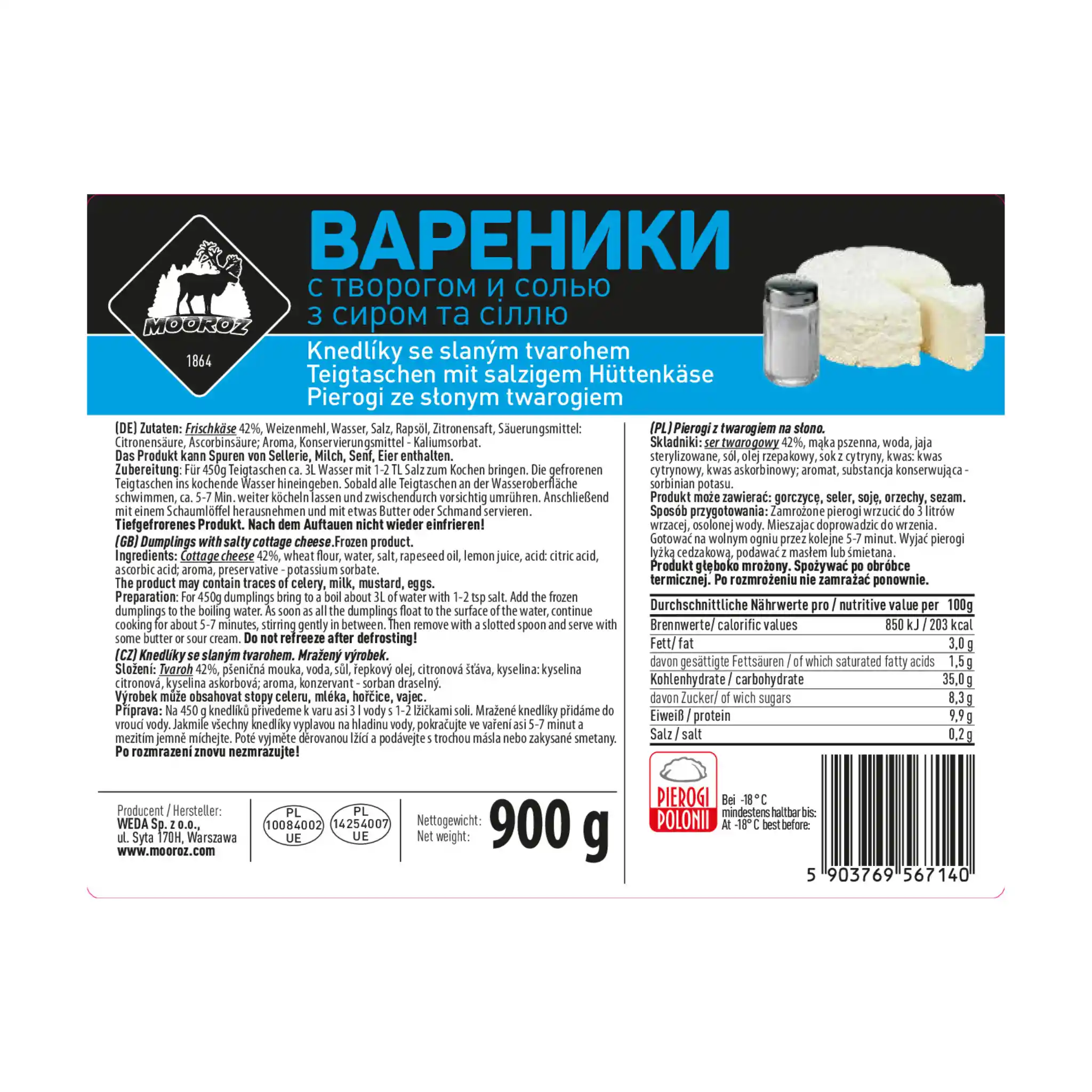 W Mooroz Vareniky s sláným tvarohem, 900g/6ks