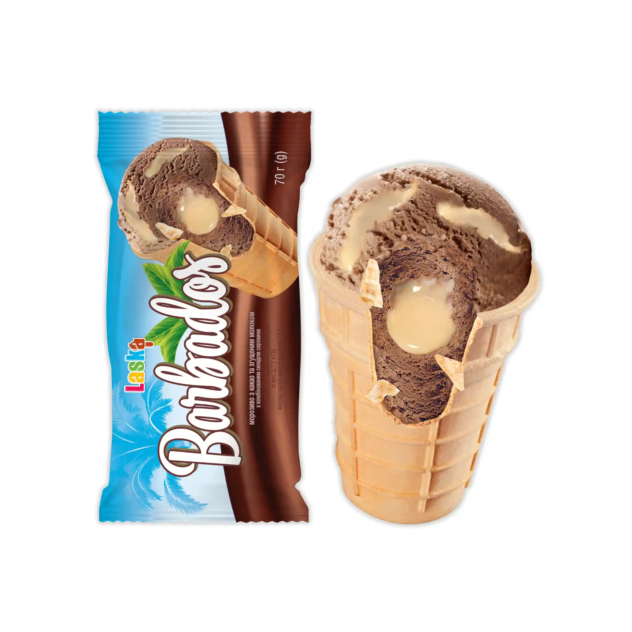 Laska "Barbados" Zmrzlina s kakaem a kondenzovaným mlékem, v kornoutku 70g/30ks