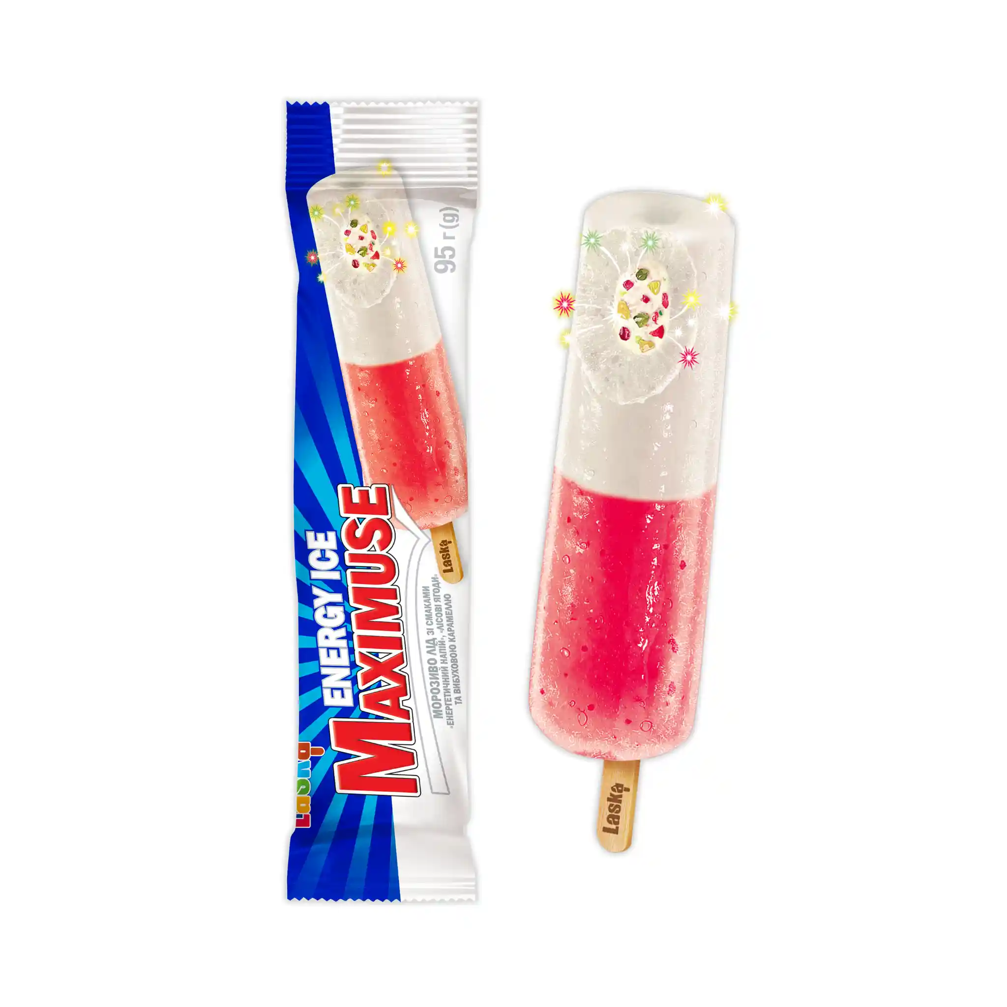 Laska Led „Maximuse"“ s příchutí „energetický nápoj“ a lesní plody , 95g/32ks