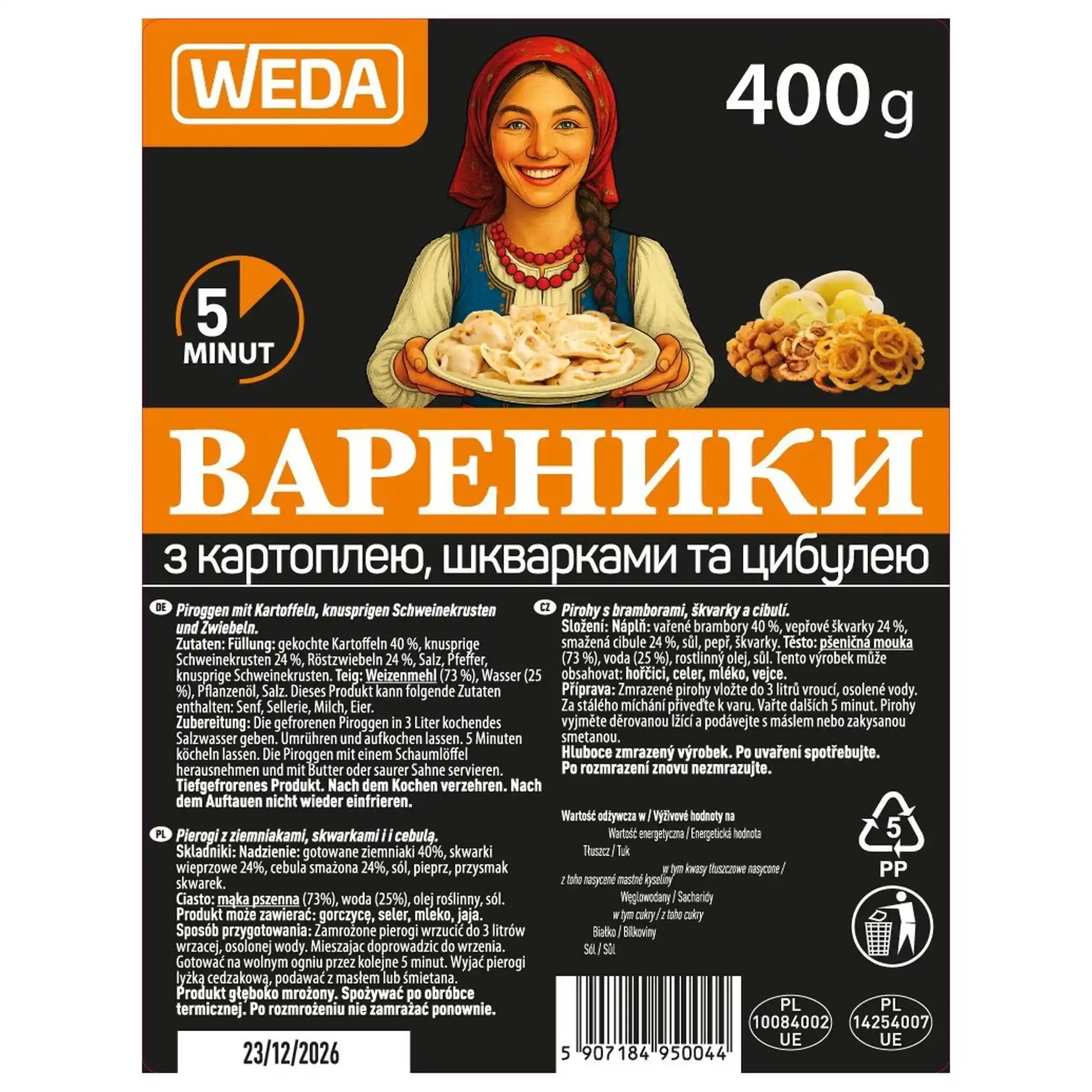 W Vareniky s bramborami a škvarky, 400g/14ks