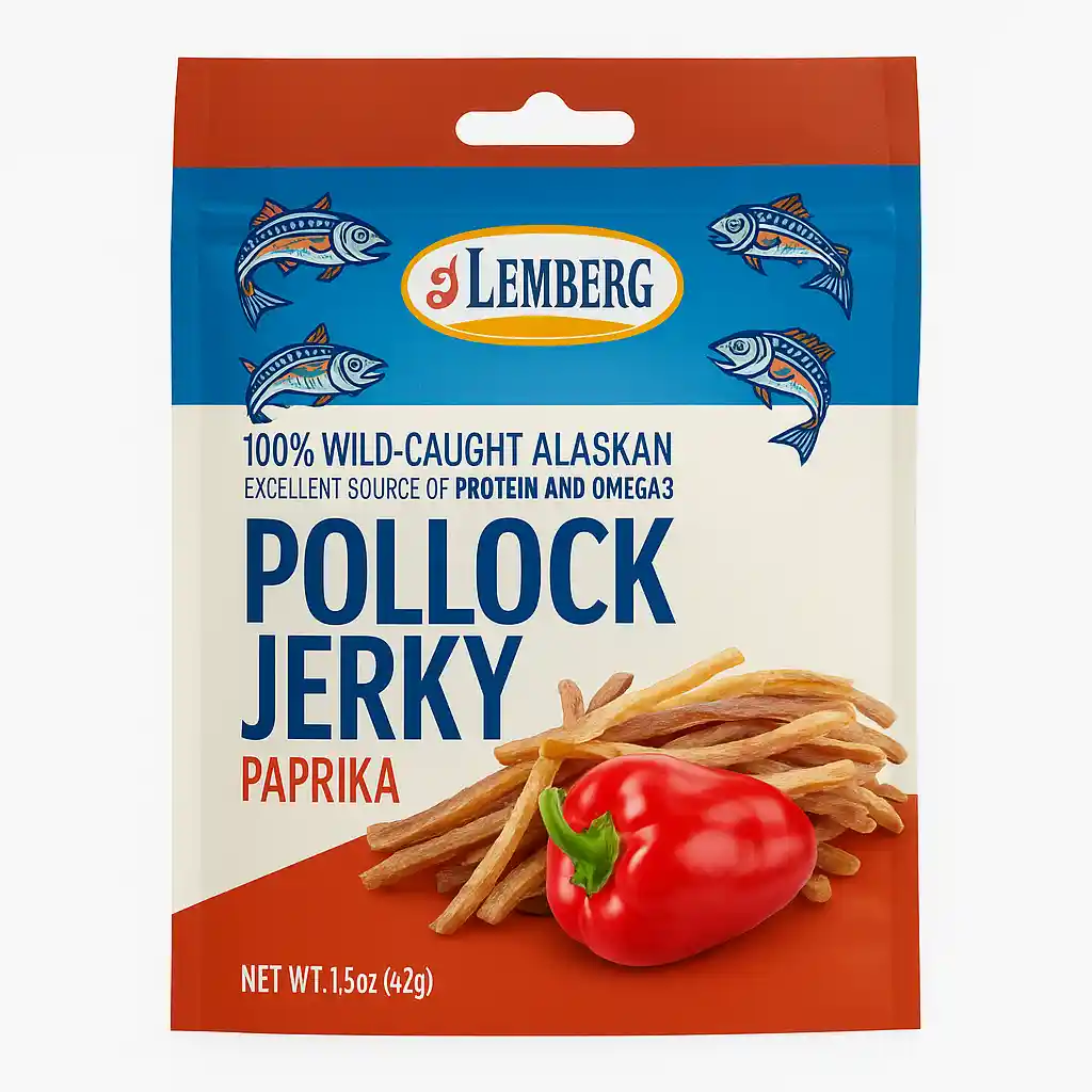 Lemberg Proužky z filetů polaka s kůží, solené, sušené, s paprikou, 42 g/20ks