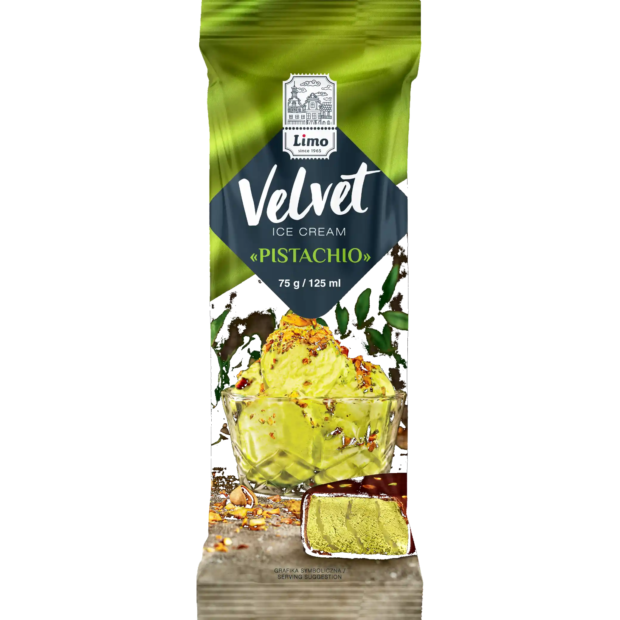 Limo „VELVET“ eskimo pistáciové s pistáciovou náplní, čokoládová poleva s pistáciemi, 75 g/25ks