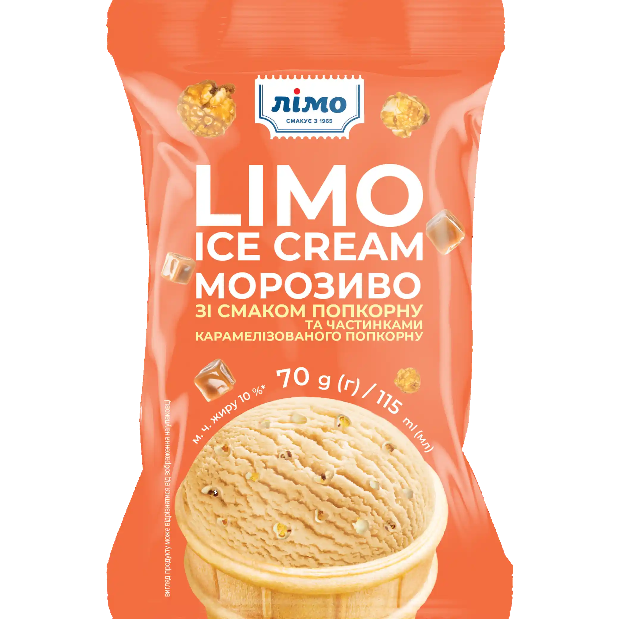 „LIMO ICE CREAM“ zmrzlina "Popcorn" s karamelizovaným popcornem, vaflový kelímek, 70 g/30ks