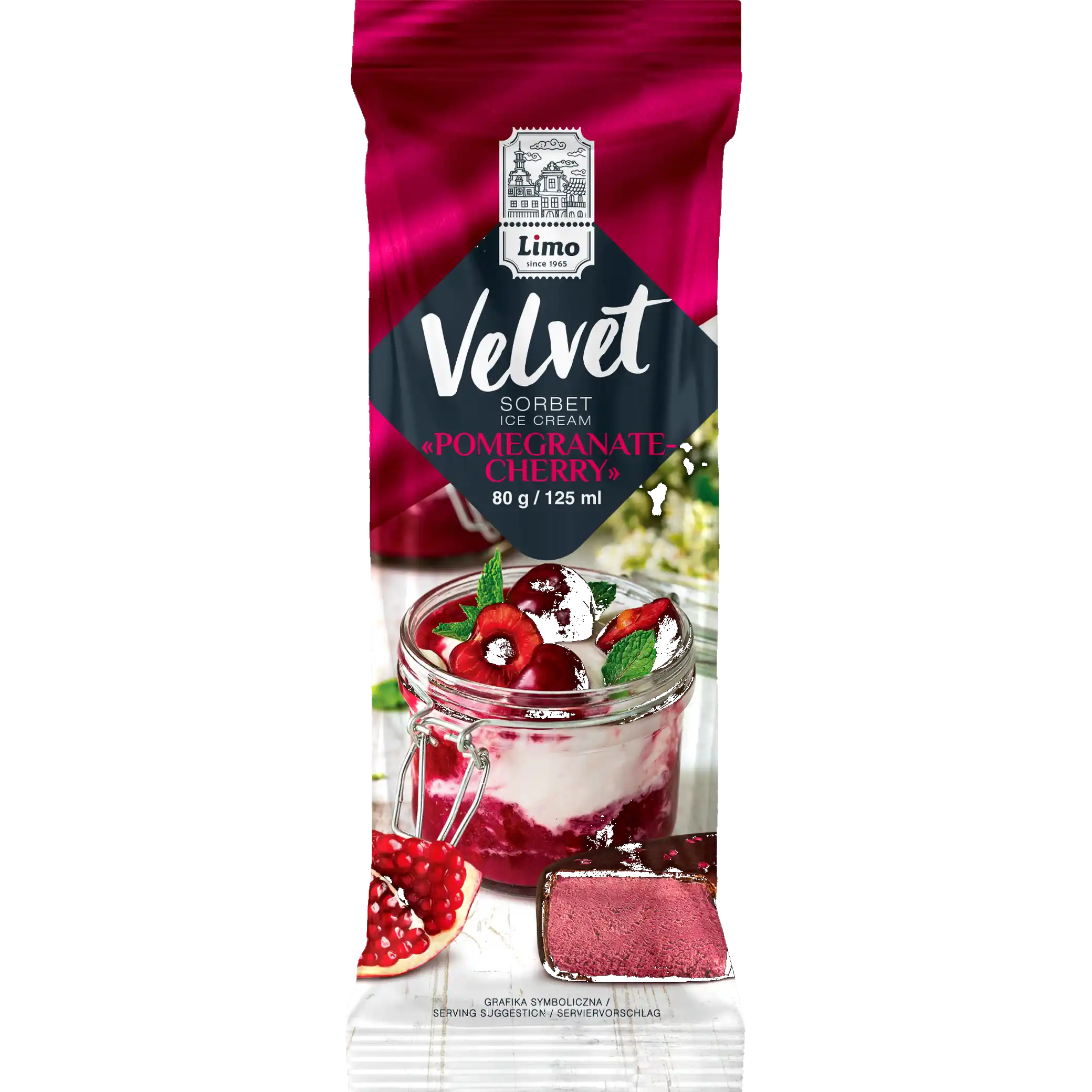 Limo „VELVET“ sorbet „Granátové jablko – třešeň“, čokoládová poleva, 80 g/25ks