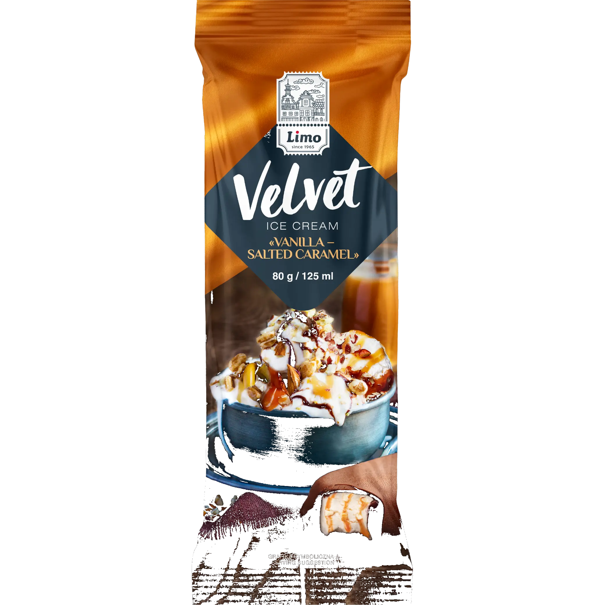 Limo „VELVET“ zmrzlina vanilková „Slaný karamel“, mléčná poleva, 80 g/25ks