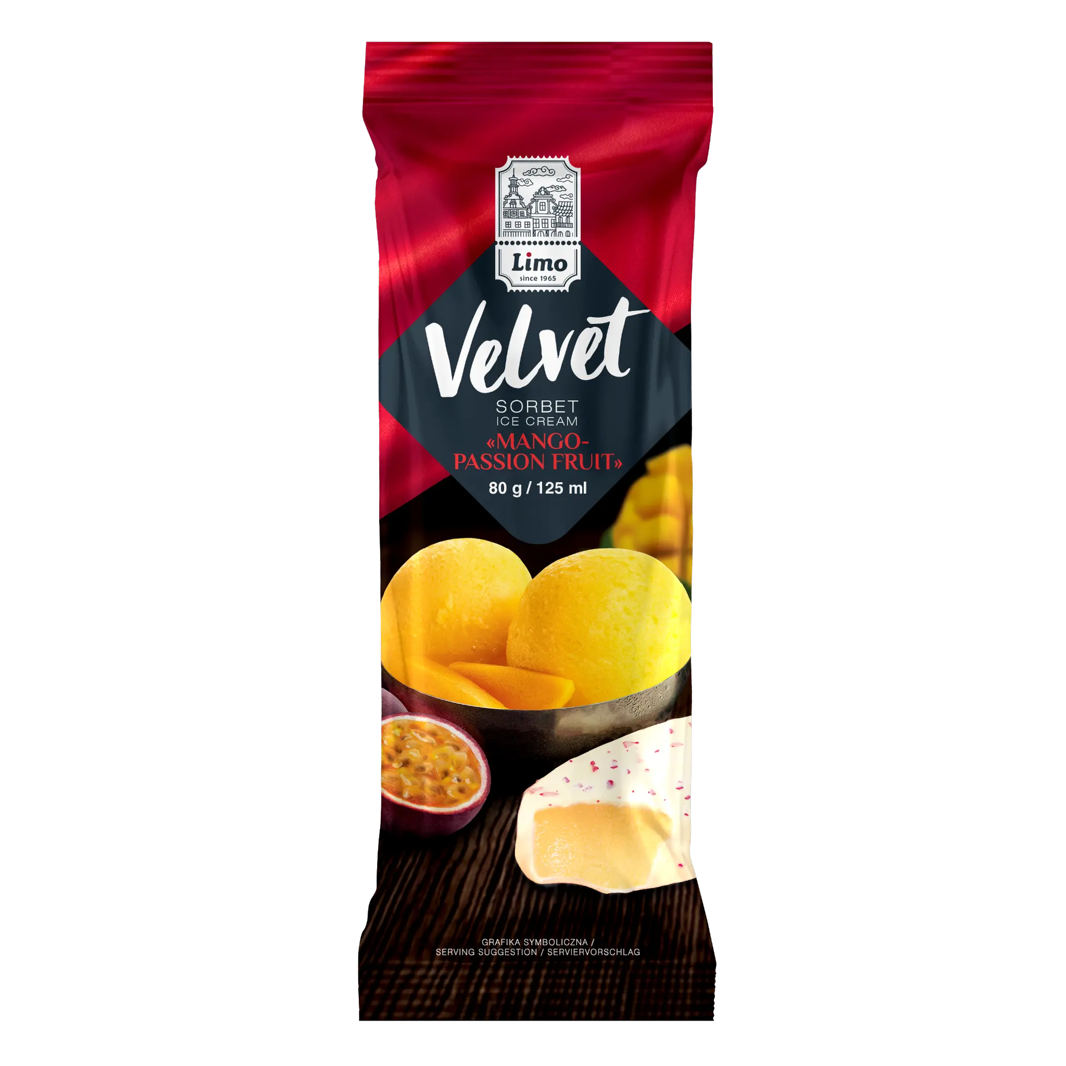 Limo „VELVET“ sorbet "Mango–maracuja", bílá čokoládová poleva, 80 g/25ks