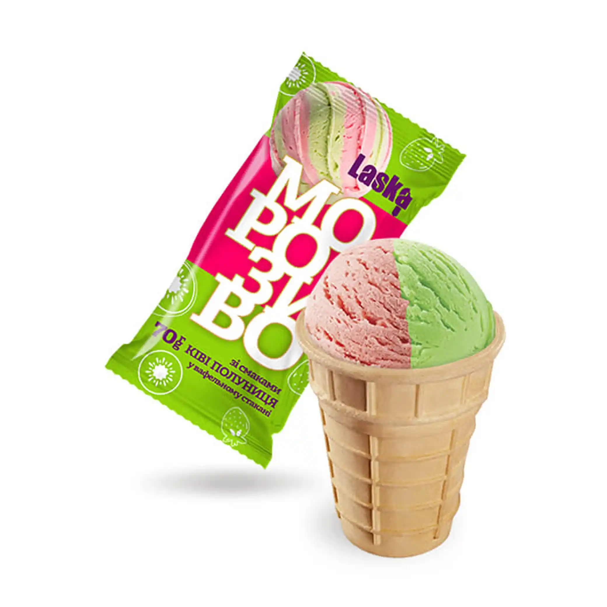 Laska 430 Zmrzlina v vaflovém kelímku „Kiwi-jahoda“, 70 g/30ks