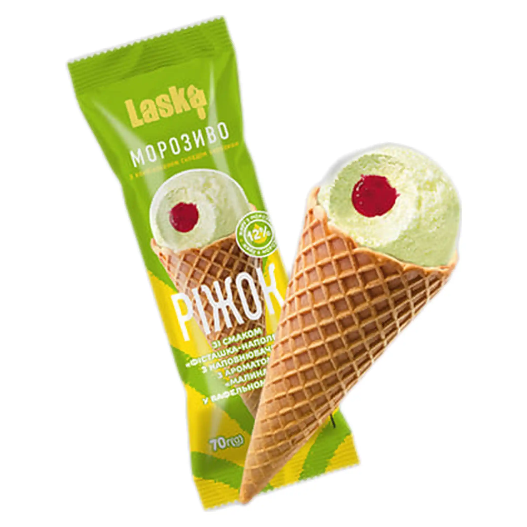 Laska "Napoleon" pistáciová zmrzlina s malinovou náplní ve vaflovém kornoutu, 70 g/24ks