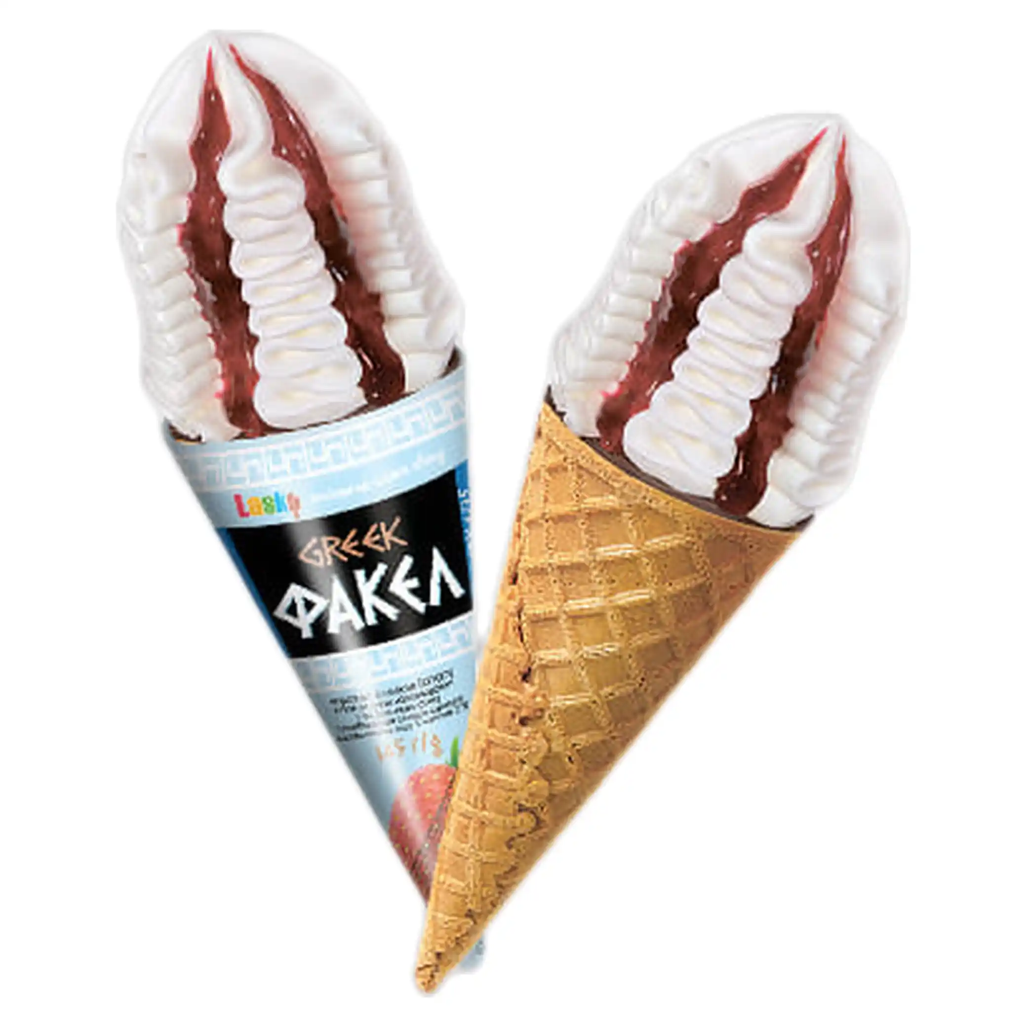 Laska "Řecká pochodeň" jogurtová zmrzlina s jahodovou náplní, vaflový kornout, 145 g / 12 ks