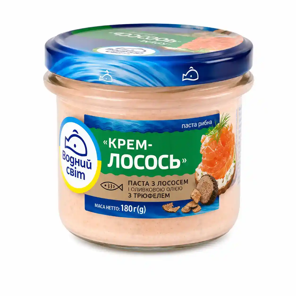 "Vodnyj svit"(0606) „Krém-losos“. Pomazánka s lososem a olivovým olejem s lanýžem, 160 g/6ks