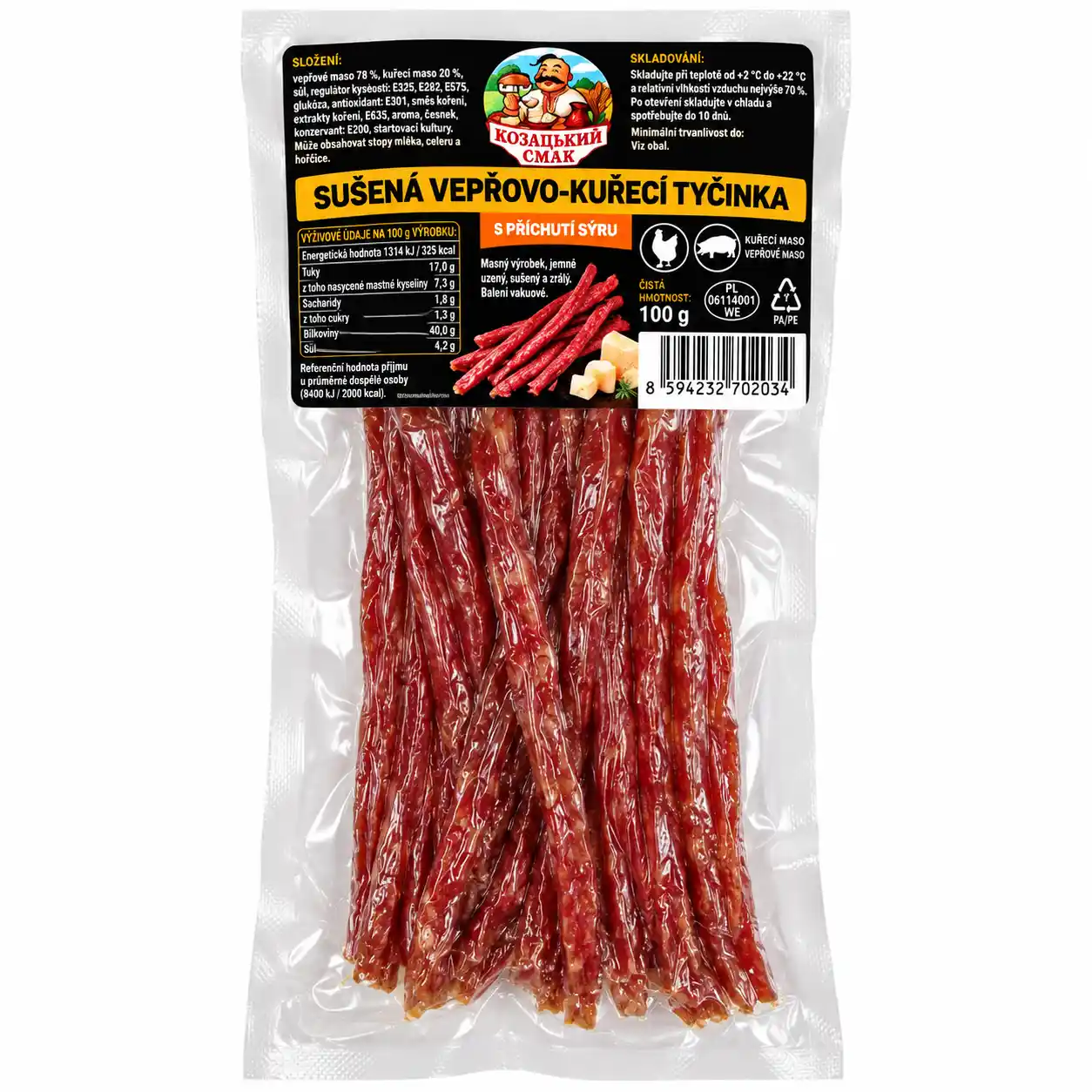 KS Sušená vepřovo-kuřecí tyčinka se sýrovou příchutí, 100g/50ks