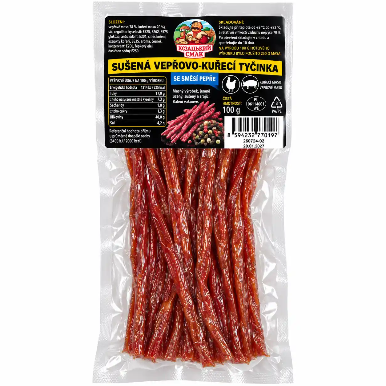KS Sušená vepřovo-kuřecí tyčinka se směsí pepře, 100g/50ks